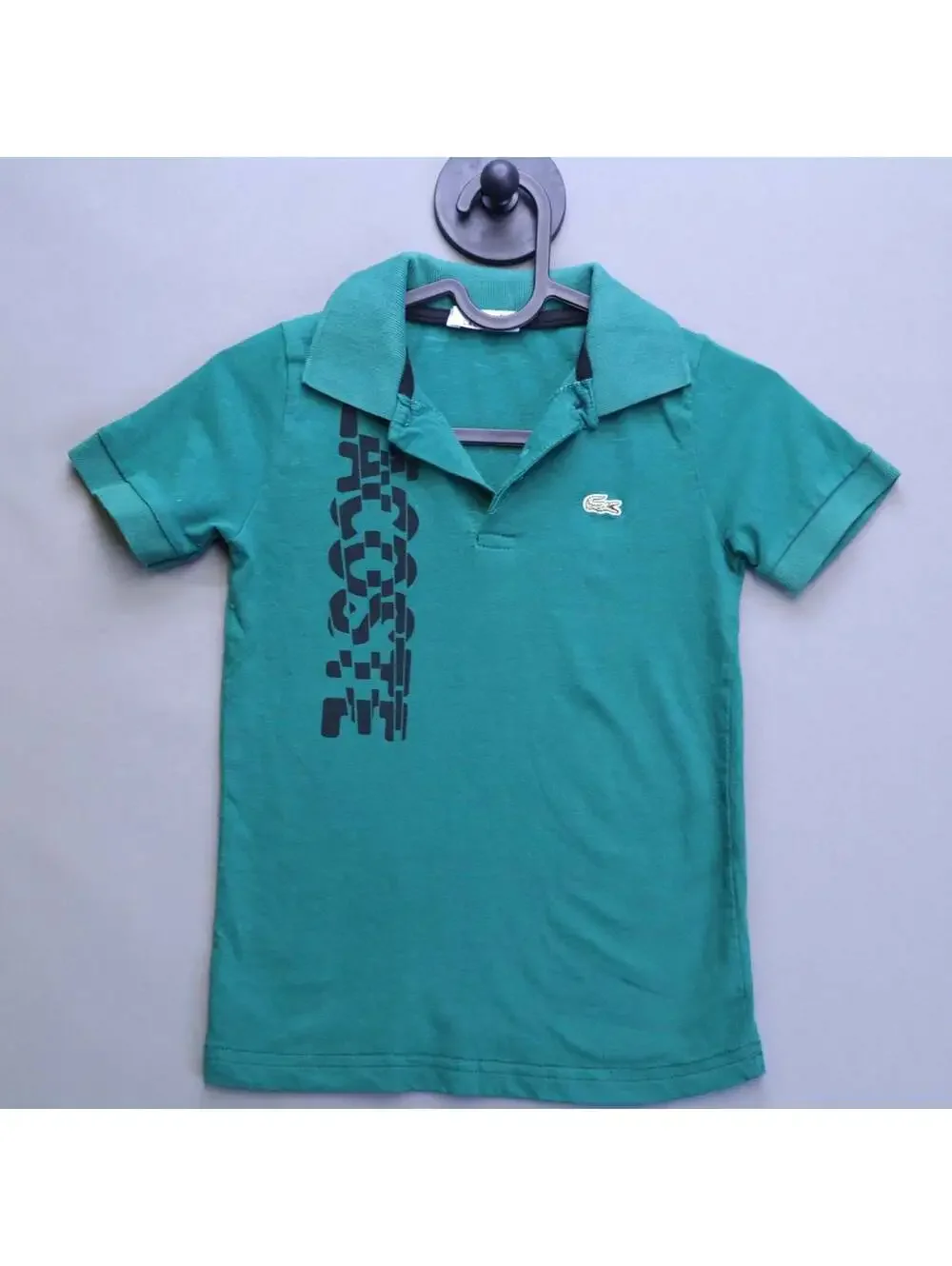 Lacoste Boys Polo Shirt Size 6-7 Green Big Spellout Logo Crocodile Cotton Pique